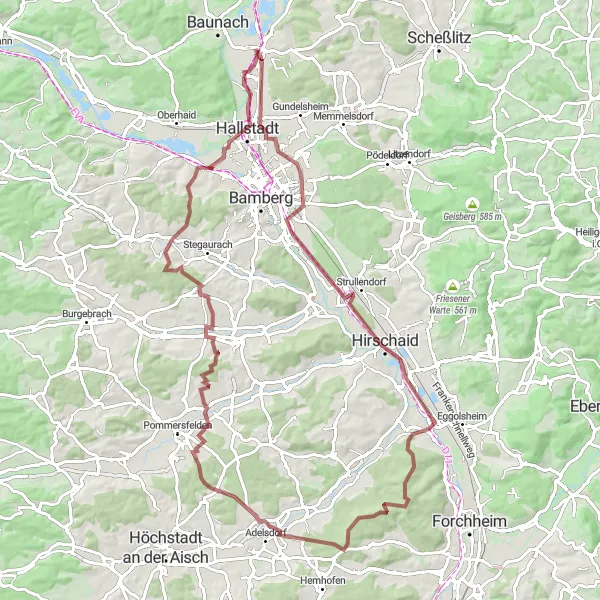 Karten-Miniaturansicht der Radinspiration "Graveltour: Breitengüßbach - Rabensberg" in Oberfranken, Germany. Erstellt vom Tarmacs.app-Routenplaner für Radtouren