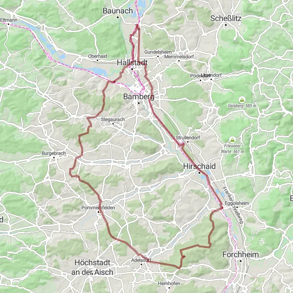 Map miniature of "Strullendorf Gravel Adventure" cycling inspiration in Oberfranken, Germany. Generated by Tarmacs.app cycling route planner