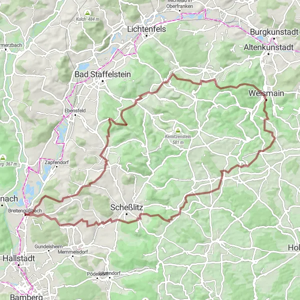 Karten-Miniaturansicht der Radinspiration "Anspruchsvolle Graveltour ab Breitengüßbach" in Oberfranken, Germany. Erstellt vom Tarmacs.app-Routenplaner für Radtouren