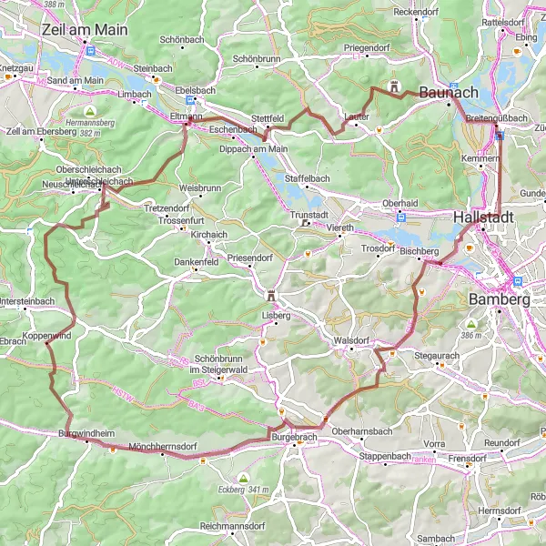 Karten-Miniaturansicht der Radinspiration "Rundfahrt von Breitengüßbach nach Baunach und zurück (Gravel)" in Oberfranken, Germany. Erstellt vom Tarmacs.app-Routenplaner für Radtouren