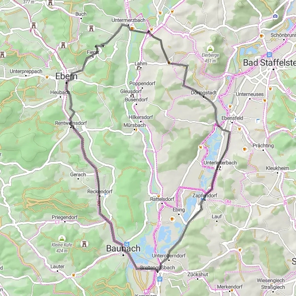 Karten-Miniaturansicht der Radinspiration "Geschichtsträchtige Runde: Sauberg nach Zapfendorf" in Oberfranken, Germany. Erstellt vom Tarmacs.app-Routenplaner für Radtouren