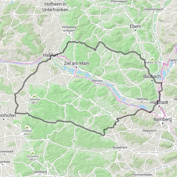 Map miniature of "Steigerwald Challenge" cycling inspiration in Oberfranken, Germany. Generated by Tarmacs.app cycling route planner