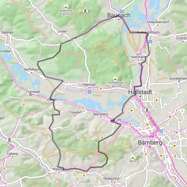 Karten-Miniaturansicht der Radinspiration "Breitengüßbach nach Walsdorf" in Oberfranken, Germany. Erstellt vom Tarmacs.app-Routenplaner für Radtouren