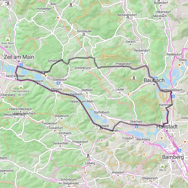 Karten-Miniaturansicht der Radinspiration "Radtour von Breitengüßbach nach Kreuzberg und zurück (Straße)" in Oberfranken, Germany. Erstellt vom Tarmacs.app-Routenplaner für Radtouren