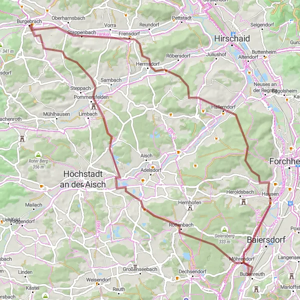 Karten-Miniaturansicht der Radinspiration "Abwechslungsreiche Gravel-Tour durch Hausen und Pommersfelden" in Oberfranken, Germany. Erstellt vom Tarmacs.app-Routenplaner für Radtouren