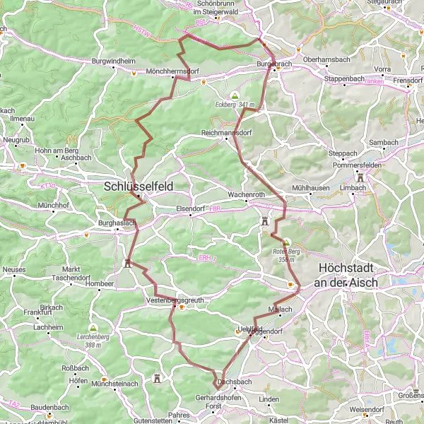 Karten-Miniaturansicht der Radinspiration "Kleine Gravel-Tour zu Lonnerstadt und Schlüsselfeld" in Oberfranken, Germany. Erstellt vom Tarmacs.app-Routenplaner für Radtouren