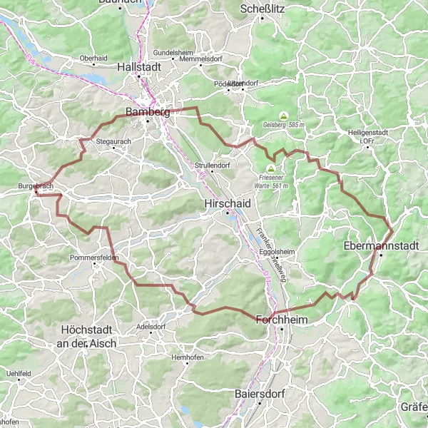 Karten-Miniaturansicht der Radinspiration "Gravel-Tour durch Bamberg und Friesener Warte" in Oberfranken, Germany. Erstellt vom Tarmacs.app-Routenplaner für Radtouren