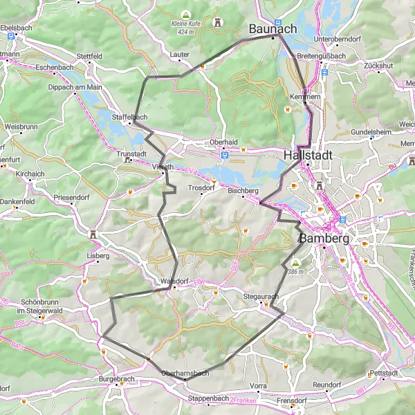 Karten-Miniaturansicht der Radinspiration "Rundtour durch Villa Remeis und Stegaurach" in Oberfranken, Germany. Erstellt vom Tarmacs.app-Routenplaner für Radtouren
