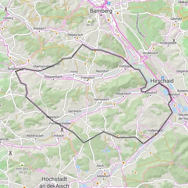 Karten-Miniaturansicht der Radinspiration "Kurze Rundtour durch Hallerndorf und Pommersfelden" in Oberfranken, Germany. Erstellt vom Tarmacs.app-Routenplaner für Radtouren