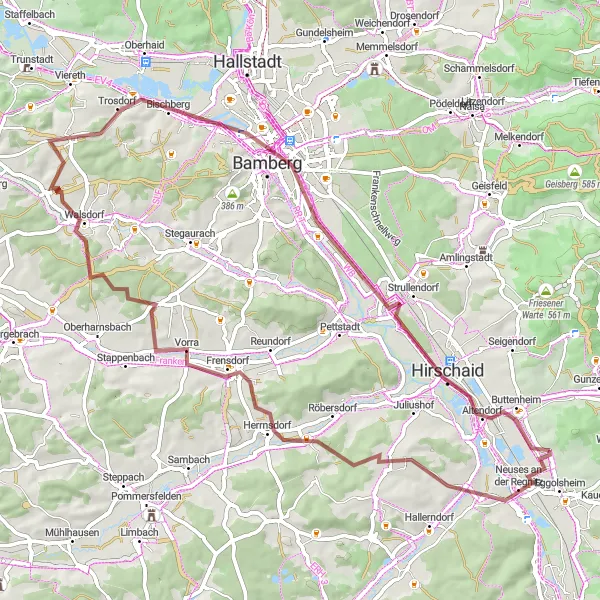 Map miniature of "Buttenheim to Bamberg and back" cycling inspiration in Oberfranken, Germany. Generated by Tarmacs.app cycling route planner