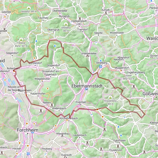 Map miniature of "Exploring Nature's Trail" cycling inspiration in Oberfranken, Germany. Generated by Tarmacs.app cycling route planner