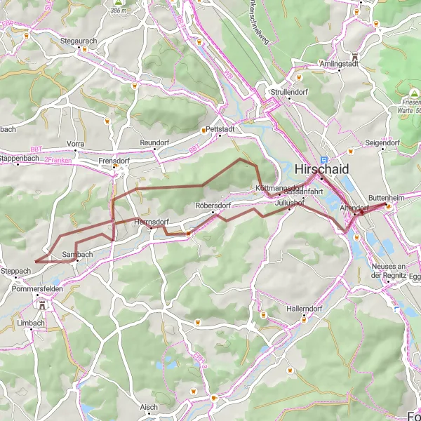 Map miniature of "The Hirschaid Loop" cycling inspiration in Oberfranken, Germany. Generated by Tarmacs.app cycling route planner