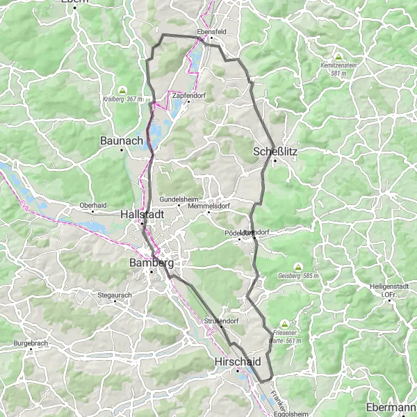 Map miniature of "Bamberg and the Rolling Hills" cycling inspiration in Oberfranken, Germany. Generated by Tarmacs.app cycling route planner