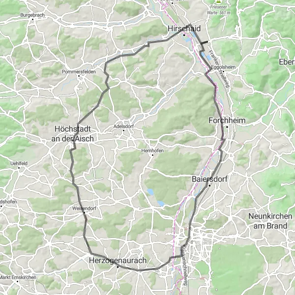 Map miniature of "The Forchheim Adventure" cycling inspiration in Oberfranken, Germany. Generated by Tarmacs.app cycling route planner