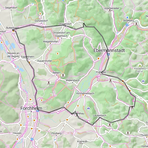 Map miniature of "Eggenberg and Beyond" cycling inspiration in Oberfranken, Germany. Generated by Tarmacs.app cycling route planner