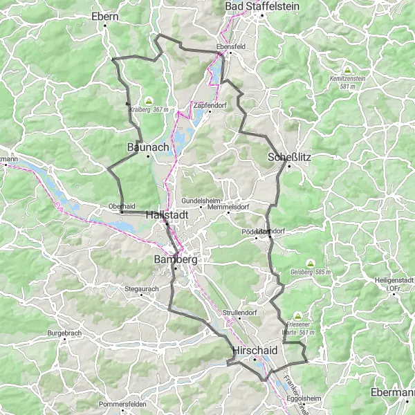 Map miniature of "The Bamberg Challenge" cycling inspiration in Oberfranken, Germany. Generated by Tarmacs.app cycling route planner