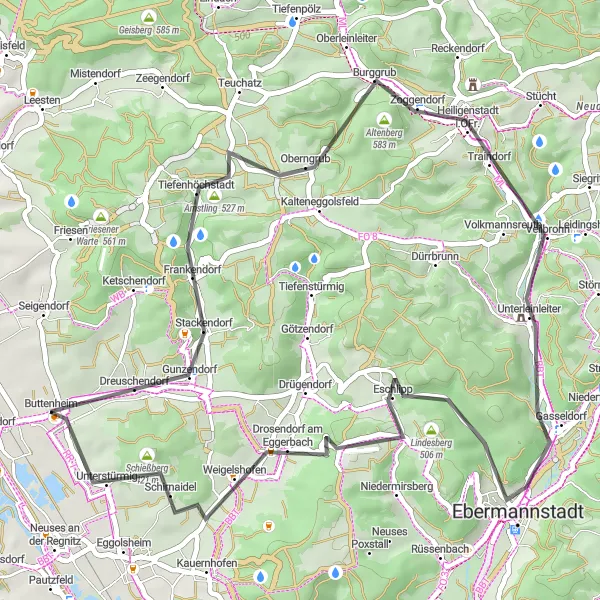 Map miniature of "The Ebermannstadt Loop" cycling inspiration in Oberfranken, Germany. Generated by Tarmacs.app cycling route planner