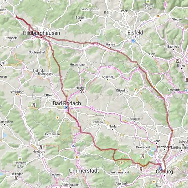 Map miniature of "Gravel Adventure: Neuses bei Coburg to Coburg" cycling inspiration in Oberfranken, Germany. Generated by Tarmacs.app cycling route planner