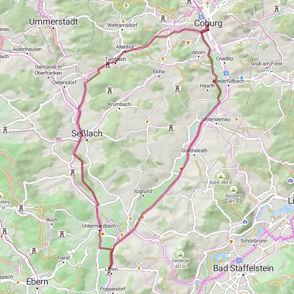 Map miniature of "Enchanting Gravel Route" cycling inspiration in Oberfranken, Germany. Generated by Tarmacs.app cycling route planner