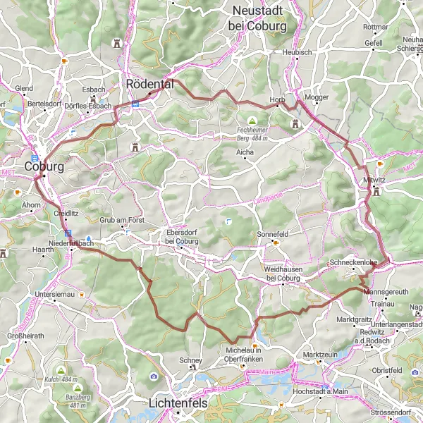 Map miniature of "The Castle Circuit" cycling inspiration in Oberfranken, Germany. Generated by Tarmacs.app cycling route planner