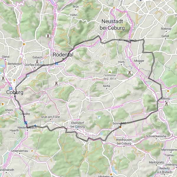 Map miniature of "Bärenbastei Loop: Rödental to Coburg" cycling inspiration in Oberfranken, Germany. Generated by Tarmacs.app cycling route planner