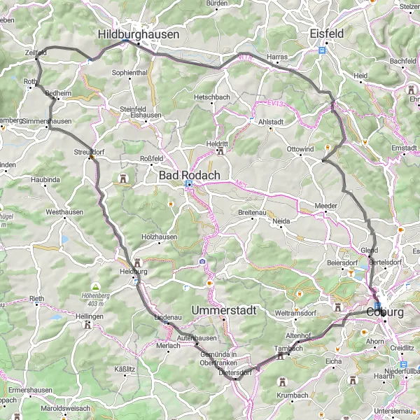 Map miniature of "Coburg Hills and Heldburg Castle" cycling inspiration in Oberfranken, Germany. Generated by Tarmacs.app cycling route planner