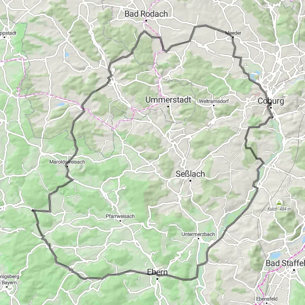 Map miniature of "Ultimate Oberfranken Adventure: Coburg to Maroldsweisach" cycling inspiration in Oberfranken, Germany. Generated by Tarmacs.app cycling route planner