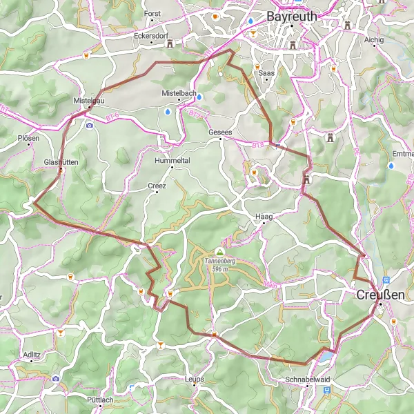 Map miniature of "Creußen to Sculptures in the Forest" cycling inspiration in Oberfranken, Germany. Generated by Tarmacs.app cycling route planner