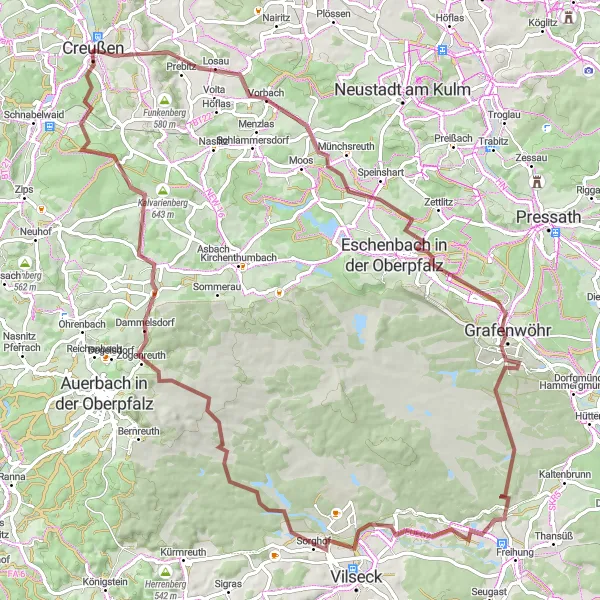 Karten-Miniaturansicht der Radinspiration "Rundtour Feldwege bei Creußen" in Oberfranken, Germany. Erstellt vom Tarmacs.app-Routenplaner für Radtouren