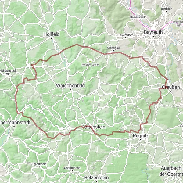 Map miniature of "Gravel Greatness: Creußen - Pegnitz - Schloss Unternschreez Loop" cycling inspiration in Oberfranken, Germany. Generated by Tarmacs.app cycling route planner