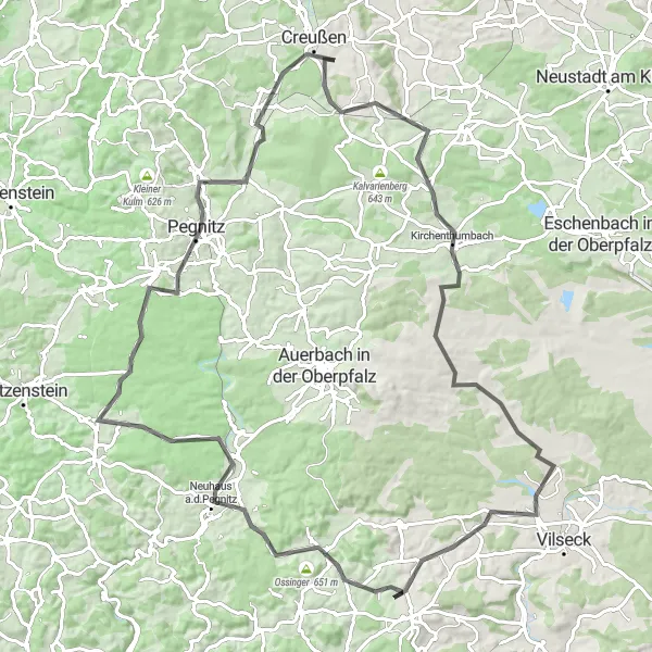 Karten-Miniaturansicht der Radinspiration "Große Rundtour durch Oberfranken" in Oberfranken, Germany. Erstellt vom Tarmacs.app-Routenplaner für Radtouren
