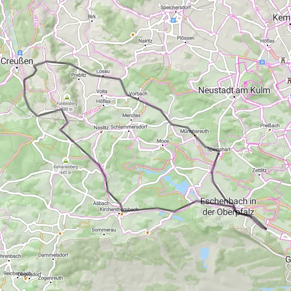 Map miniature of "Eschenbach Loop: Scenic Road Cycling Route" cycling inspiration in Oberfranken, Germany. Generated by Tarmacs.app cycling route planner