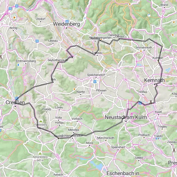 Map miniature of "Challenging Loop from Creußen to Altencreußen" cycling inspiration in Oberfranken, Germany. Generated by Tarmacs.app cycling route planner