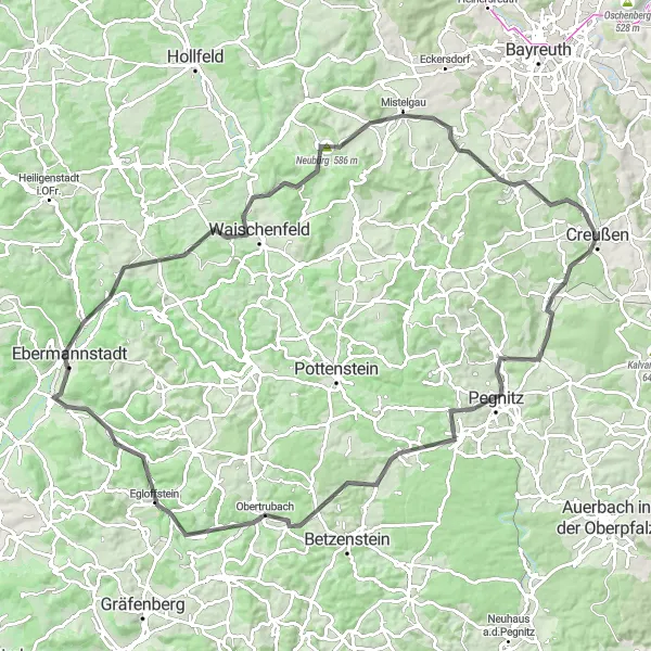 Map miniature of "Road Beauty: Creußen - Obertrubach - Buchauer Berg Circuit" cycling inspiration in Oberfranken, Germany. Generated by Tarmacs.app cycling route planner