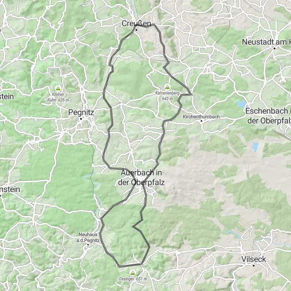 Map miniature of "Road Escape: Creußen - Funkenberg - Schnabelwaid Circuit" cycling inspiration in Oberfranken, Germany. Generated by Tarmacs.app cycling route planner