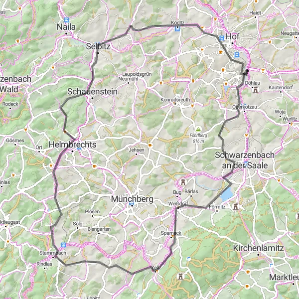 Karten-Miniaturansicht der Radinspiration "Herausforderung in Oberfranken - Von Oberkotzau nach Alsenberg" in Oberfranken, Germany. Erstellt vom Tarmacs.app-Routenplaner für Radtouren