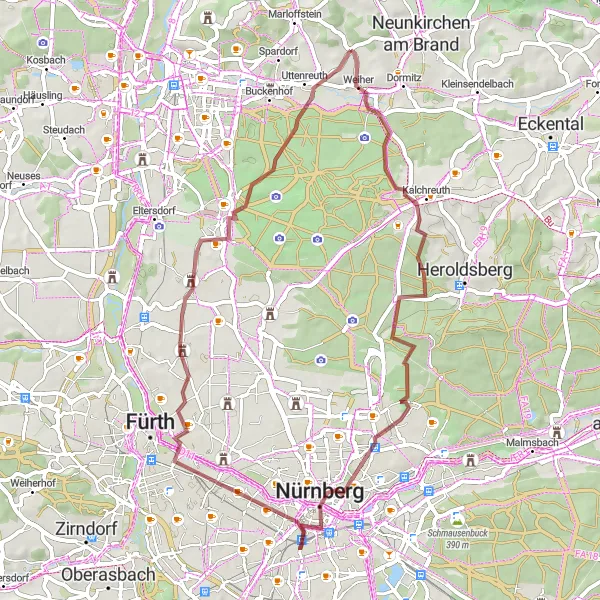 Map miniature of "Kalchreuth Gravel Adventure" cycling inspiration in Oberfranken, Germany. Generated by Tarmacs.app cycling route planner