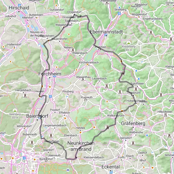 Karten-Miniaturansicht der Radinspiration "Panorama Tour - Marloffstein und Forchheim entdecken" in Oberfranken, Germany. Erstellt vom Tarmacs.app-Routenplaner für Radtouren