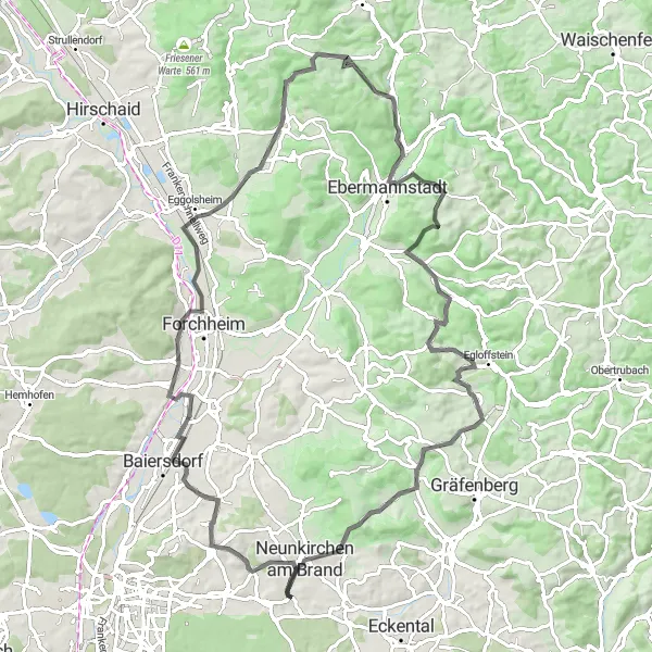 Karten-Miniaturansicht der Radinspiration "Forchheim und die Fränkische Schweiz entdecken" in Oberfranken, Germany. Erstellt vom Tarmacs.app-Routenplaner für Radtouren