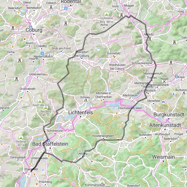 Map miniature of "Bad Staffelstein Loop" cycling inspiration in Oberfranken, Germany. Generated by Tarmacs.app cycling route planner