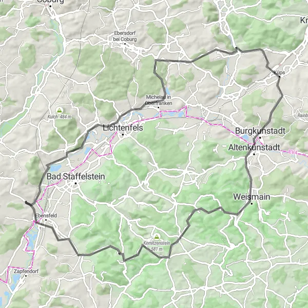 Map miniature of "The Bismarckturm Lichtenfels Loop" cycling inspiration in Oberfranken, Germany. Generated by Tarmacs.app cycling route planner