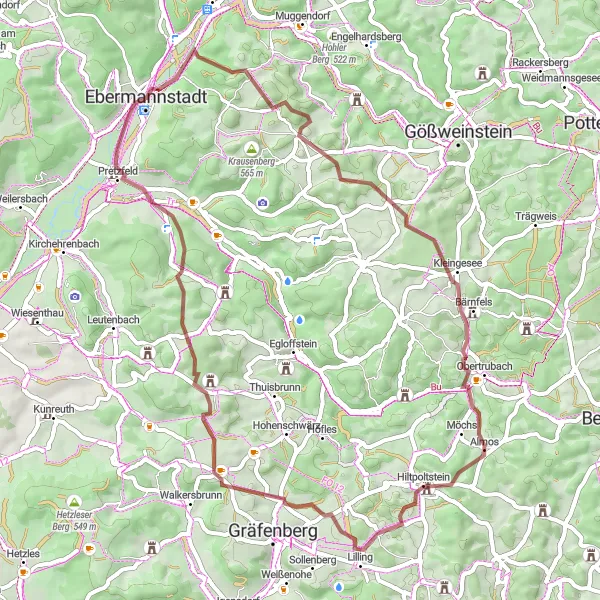 Karten-Miniaturansicht der Radinspiration "Abenteuerliche Gravelstrecke durch die Natur" in Oberfranken, Germany. Erstellt vom Tarmacs.app-Routenplaner für Radtouren