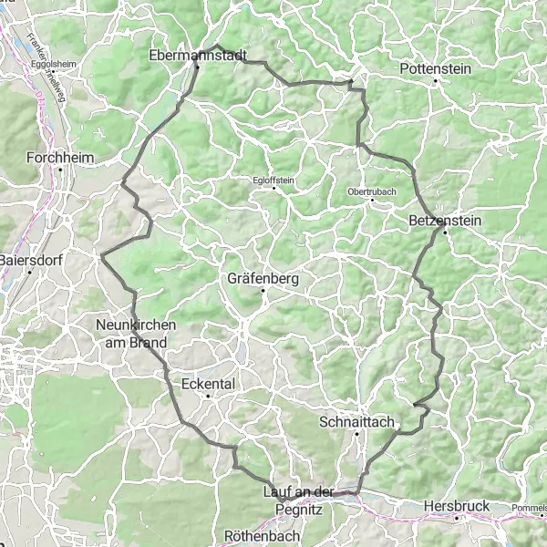 Karten-Miniaturansicht der Radinspiration "Radroute um Ebermannstadt" in Oberfranken, Germany. Erstellt vom Tarmacs.app-Routenplaner für Radtouren