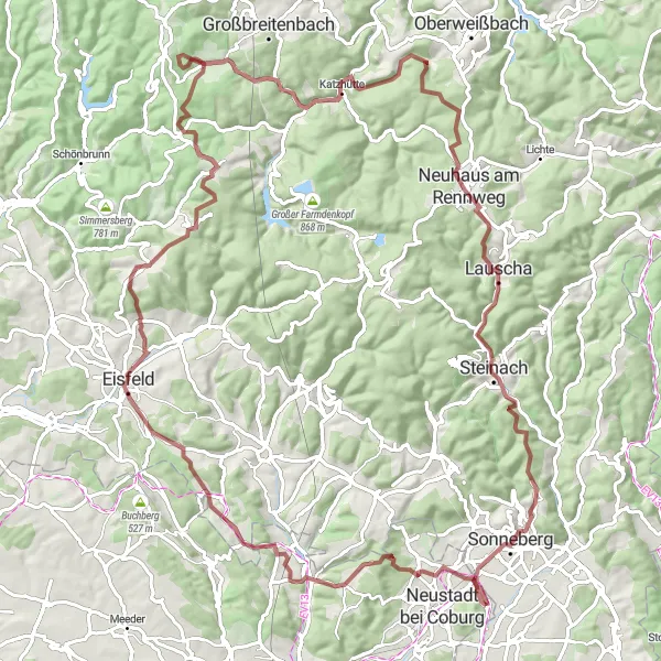 Karten-Miniaturansicht der Radinspiration "Umfangreiche Fahrradtour um Ebersdorf über 102 km" in Oberfranken, Germany. Erstellt vom Tarmacs.app-Routenplaner für Radtouren