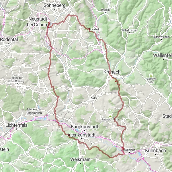 Karten-Miniaturansicht der Radinspiration "Abenteuerliche Radtour um Ebersdorf über 92 km" in Oberfranken, Germany. Erstellt vom Tarmacs.app-Routenplaner für Radtouren