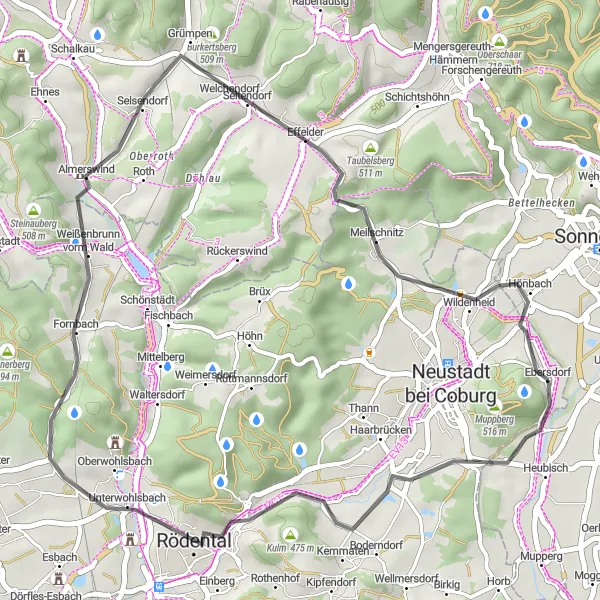 Map miniature of "Lerchenbühl Loop: A Charming Road Cycling Route near Ebersdorf" cycling inspiration in Oberfranken, Germany. Generated by Tarmacs.app cycling route planner