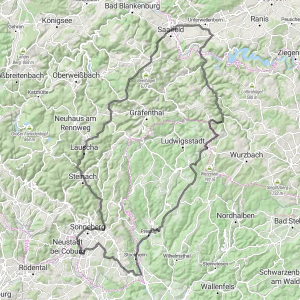 Map miniature of "Hüttensteinach Challenge: A Long and Scenic Road Cycling Route" cycling inspiration in Oberfranken, Germany. Generated by Tarmacs.app cycling route planner