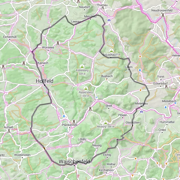 Karten-Miniaturansicht der Radinspiration "Einsame Straßen und unerforschte Routen ab Eckersdorf" in Oberfranken, Germany. Erstellt vom Tarmacs.app-Routenplaner für Radtouren