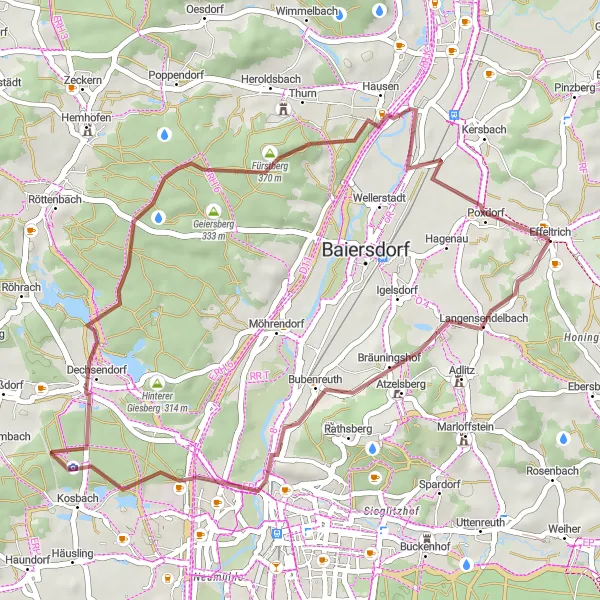 Map miniature of "Effeltrich - Poxdorf Gravel Route" cycling inspiration in Oberfranken, Germany. Generated by Tarmacs.app cycling route planner