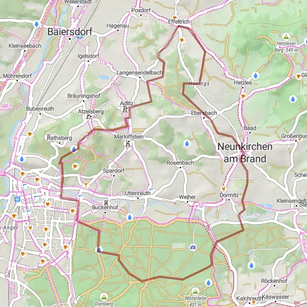 Map miniature of "Gravel Adventure to Nuremberg View" cycling inspiration in Oberfranken, Germany. Generated by Tarmacs.app cycling route planner